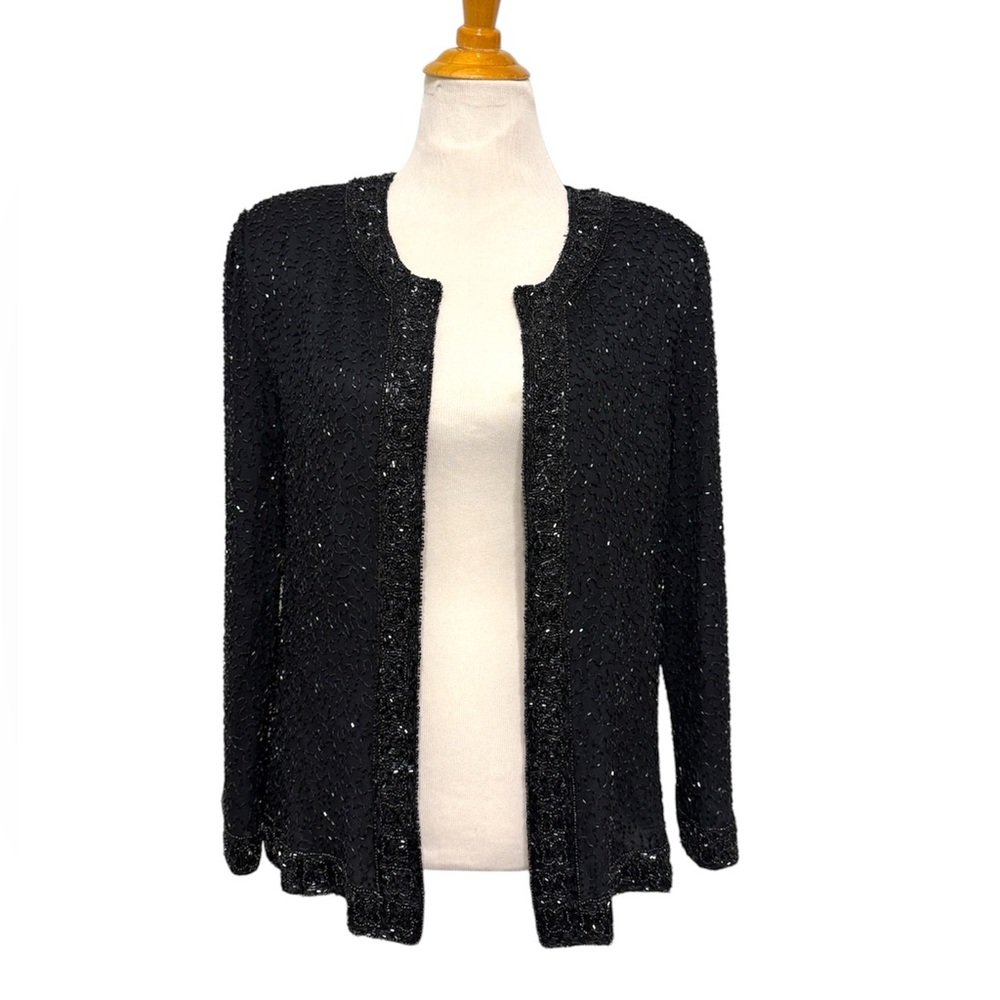 Laurence Kazar 100% Silk Jacket Vintage Black Beaded Embellished size XL